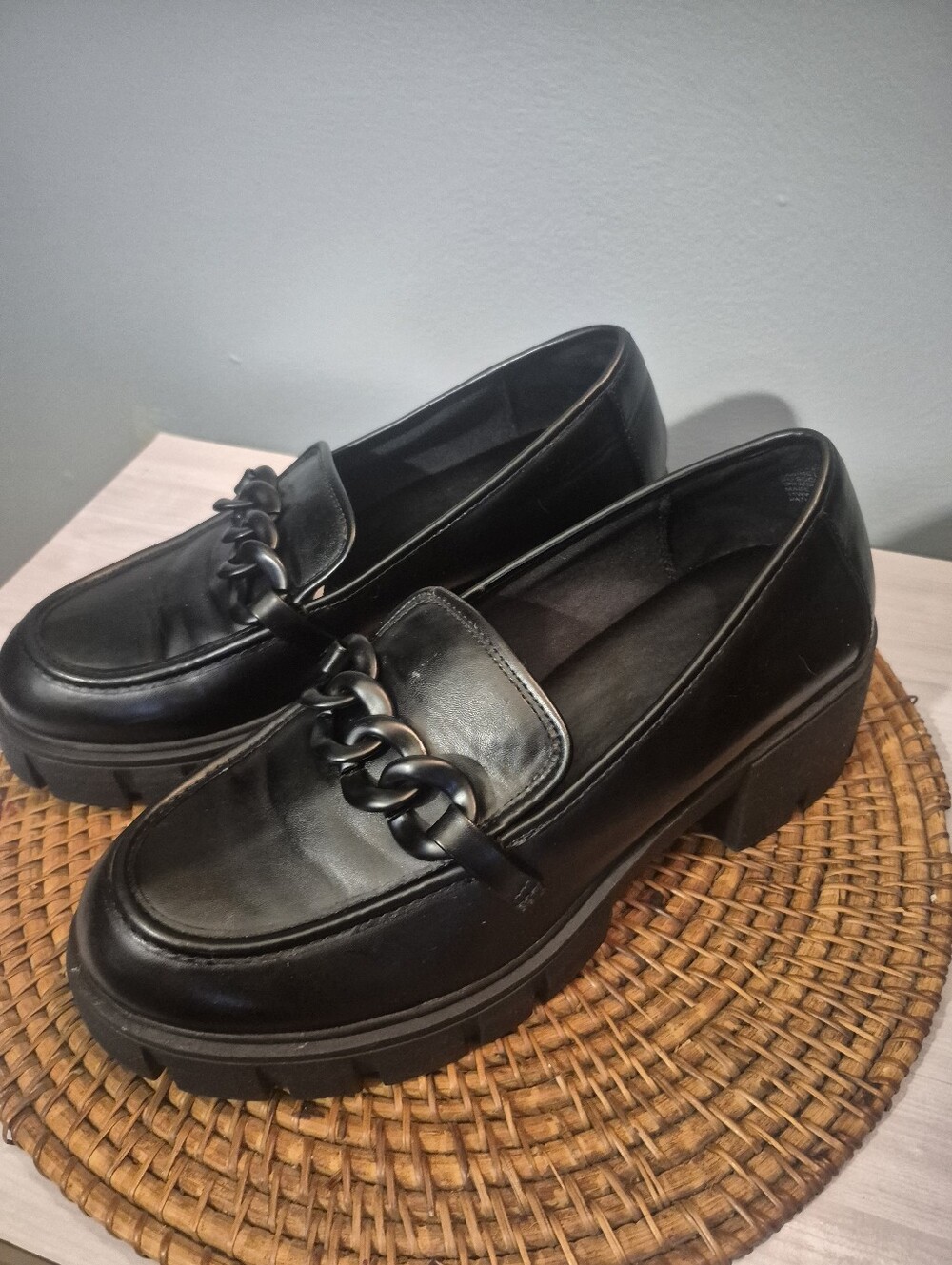 Black Chunky Chain Loafer Heels - Women